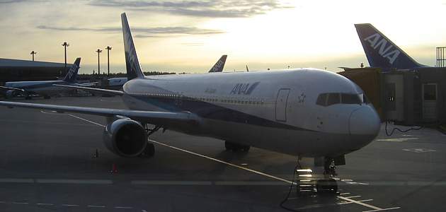 All Nippon Airways Boeing 777 in the early morning sunshine at Tokyo Jan 2008