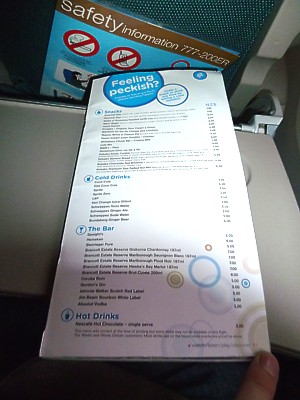 Air New Zealand Trans-tasman food menu Dec 2011