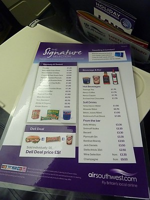 Air Southwest inflight menu Jan 2011