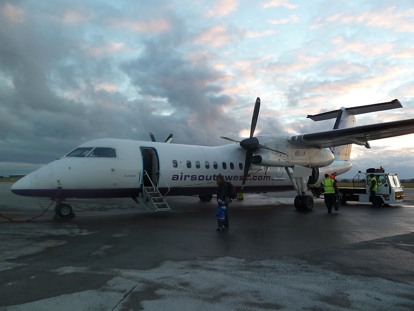 Air Southwest Dash 8 boarding at Newquay on a frosty morning in Janurary Jan 2011