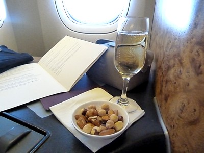 British Airways First menus, nuts & Sparkling Wine on a British Airways Boeing 777 Nov 2011