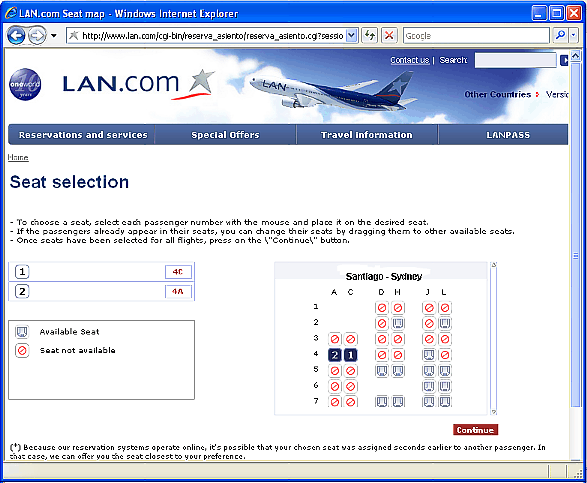 Air Lan Chile online seatmap seat reservation Oct 2009