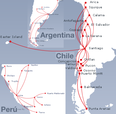 Lan Airlines Chile routes with insert Peru & Argentina Oct 2009
