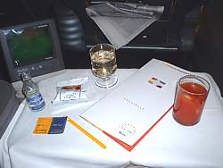 Lufthansa Business class Menu, TV screen, and drinks 747 Sept 2003