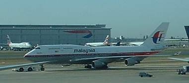 Malaysian Boeing 747-400 taxiing to runway at LHR Oct 02