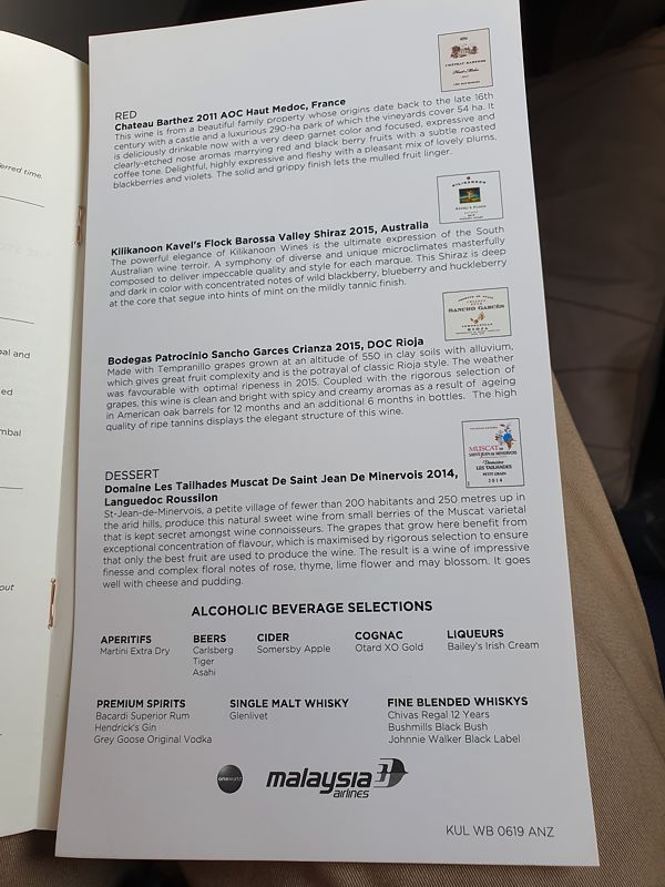 Malaysia Airlines Business Class winelist KUL to Sydney July 2019